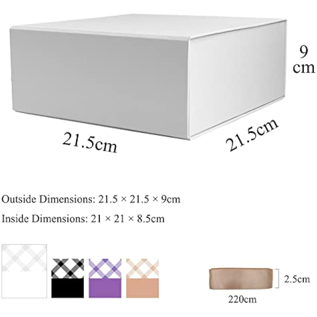Tekhoho White Gift Box 22x22x10cm, Premium Present Box with Magnetic Lid and Ribbon for Holidays Wedding Birthday Gift Packaging, Plaid Lining