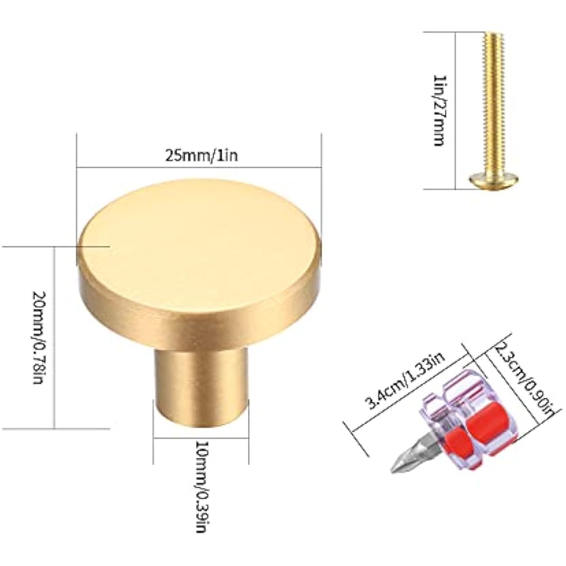 Yibaijia 6 Pcs Round Cabinet Knobs, Gold Brass Drawer Knobs, Door Kitchen Hardware Cupboard Knob, Stainless Steel Single Hole Handle with Screws for Home Decorating, Cupboard, Wardrobe (20mmx25mm)