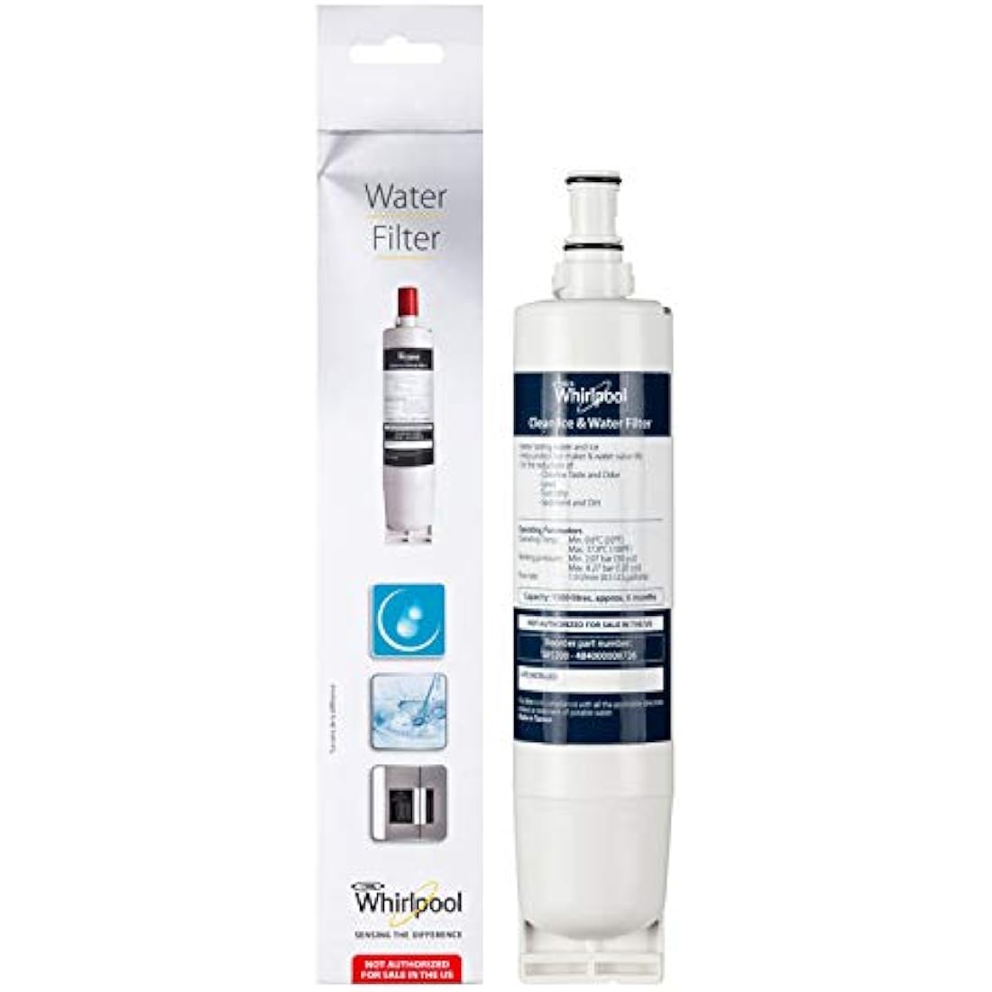 Whirlpool SBS200 Side-by-Side Refrigerator Water Filter, 0.287 kg, Activated Carbon, 6x6x30 cm, 6 Months, 1500 Liters, NSF Certified, White