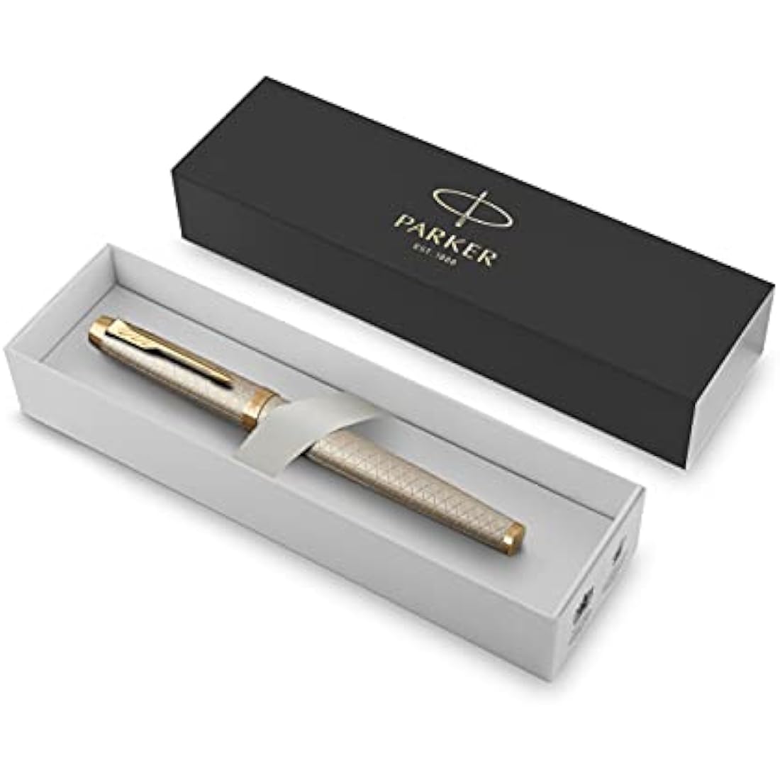 Parker Pen IM Premium Metal Fountain Pen - Warm Silver Champagne with Diamond Pattern - Gold Trim - Fine Nib - Black Ink - Gift Boxed