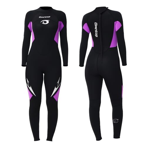 Owntop Women's Full Length 3/2mm Wetsuit, Ultra-Stretch Long Sleeve Winter Wetsuit, Back Zip Adult Neoprene Surfing Diving Wet Suit, Women Purple S