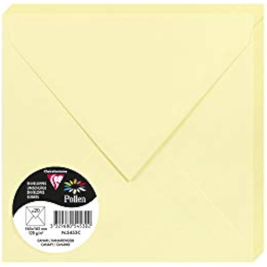 Clairefontaine - Ref 5453C - Pollen Envelopes (Pack of 20) - 165 x 165mm Sized, 120gsm Paper, Gummed Seal, Inkjet & Laser Printer Compatible, Acid Free - Canary