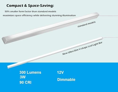 Cefrank V-Shape Under Cabinet Lighting Kit - 4pcs Sleeker 30cm Dimmable LED Light Bars for Showcase Shelf Seamless Illumination - 1200lm, 12W - Pure White (6000K)