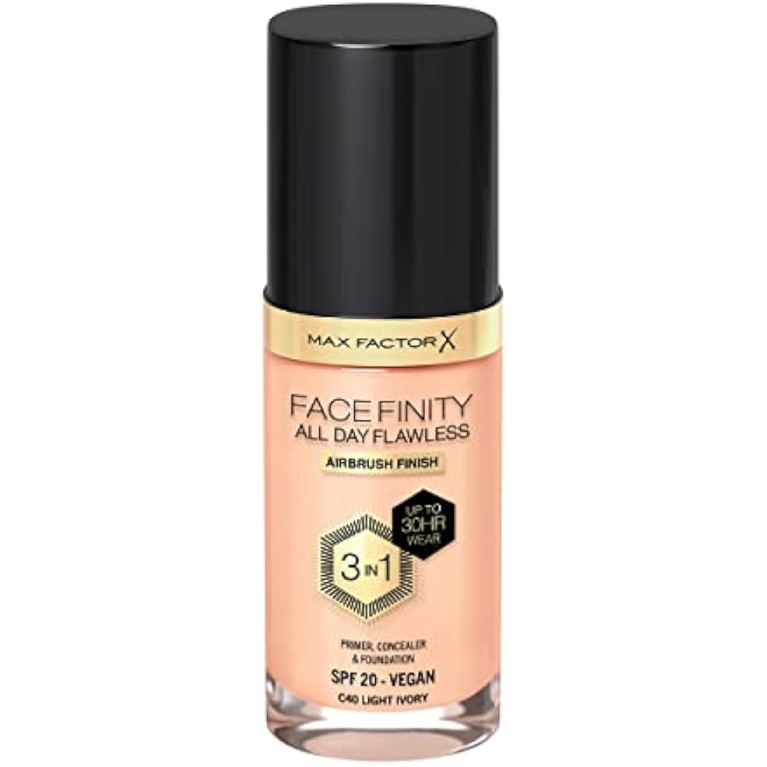 Max Factor Facefinity 3-in-1 All Day Flawless Liquid Foundation, SPF 20 - 40 Light Ivory, 30 ml