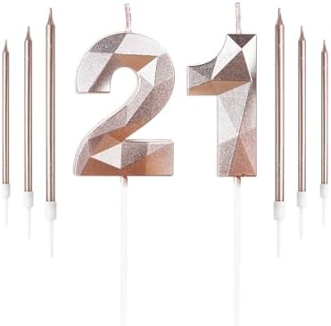 Rose Gold 21st Birthday Candles Set Number 21 Candle with Rose Gold Long Candles Birthday Candles for Cake Birthday Candle, Cake Candles Cake Topper Decorations for Birthday Party Wedding Anniversary