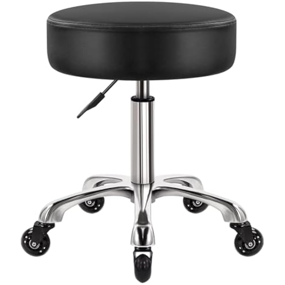 WKWKER Heavy Duty Beauty Stool On Wheels Swivel Adjustable Thick Leather Seat Chair For Kitchen Drafting Lab Office Massage Black