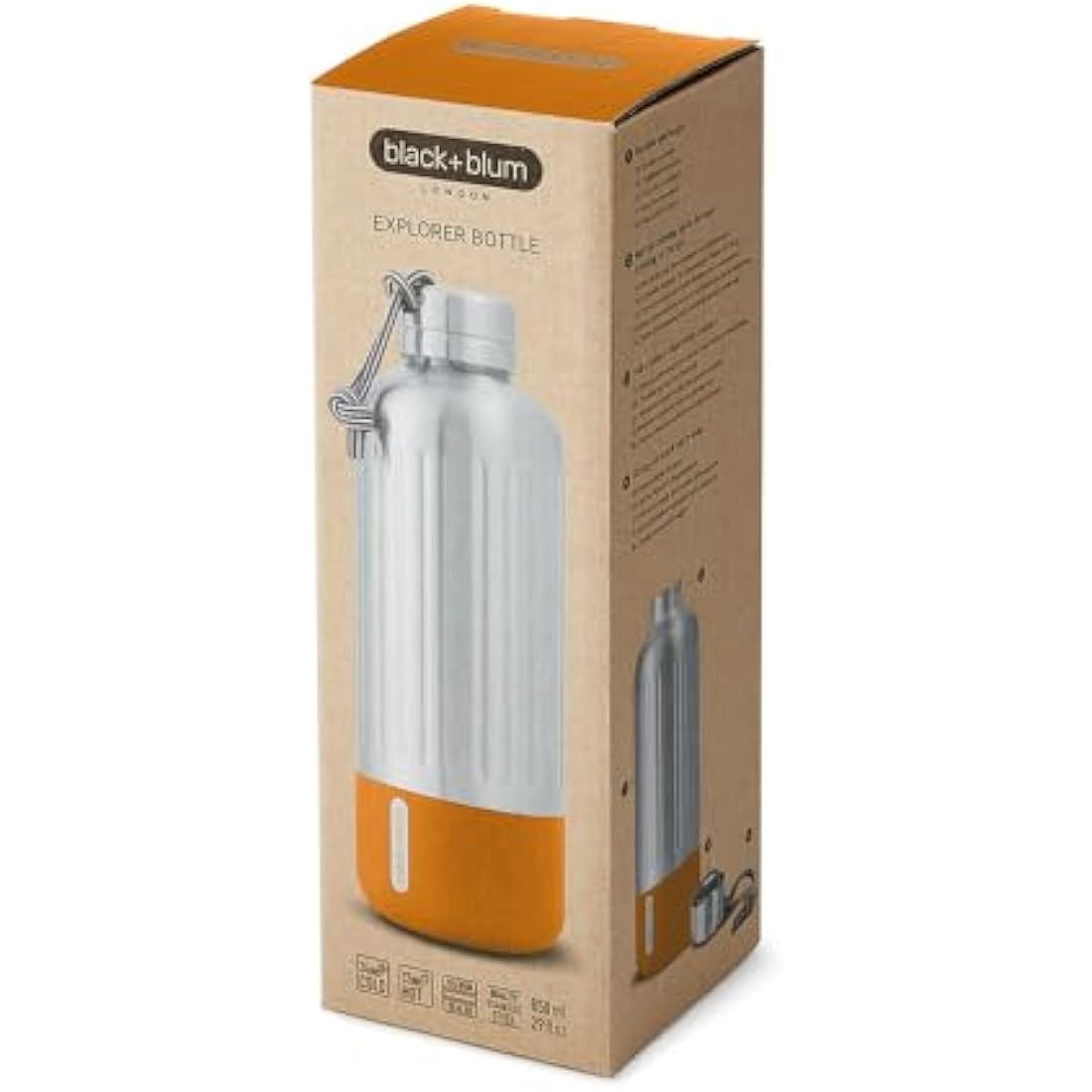 Black+Blum Explorer Insulated Bottle - Stainless Steel Leak Proof Water Bottle with Carry Loop - BPA Free Drinks Bottle for Hot or Cold Drinks, Hiking and Gym - Orange, Large 850ml