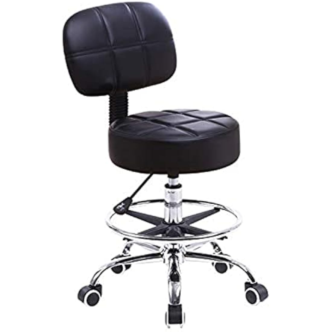 KKTONER Swivel Round Rolling Stool PU Leather with Adjustable Foot Rest, Height Adjustable Task Work Drafting Chair with Back (Black)