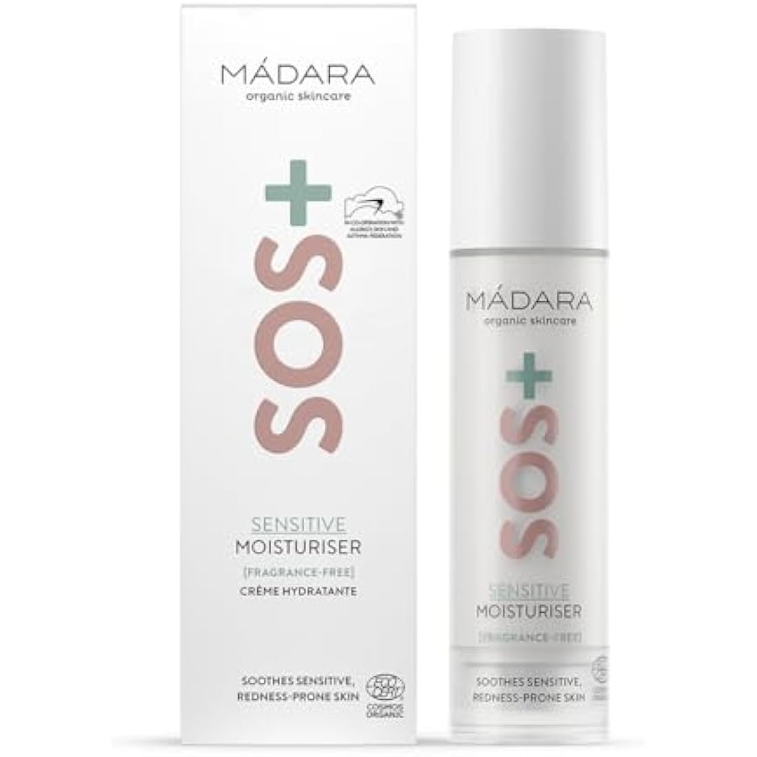 MÁDARA Organic Skincare | SOS+ SENSITIVE Moisturiser, 50ml – Lightweight sensitive skin moisturiser for redness-prone and reactive complexions, With hyaluronic acid and red algae, Fragrance-free