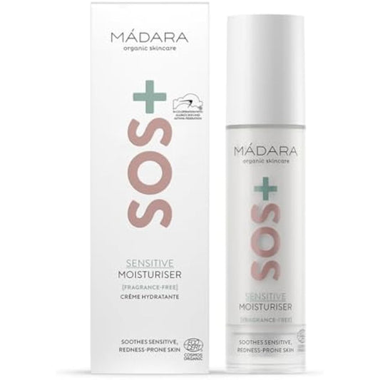 MÁDARA Organic Skincare | SOS+ SENSITIVE Moisturiser, 50ml – Lightweight sensitive skin moisturiser for redness-prone and reactive complexions, With hyaluronic acid and red algae, Fragrance-free