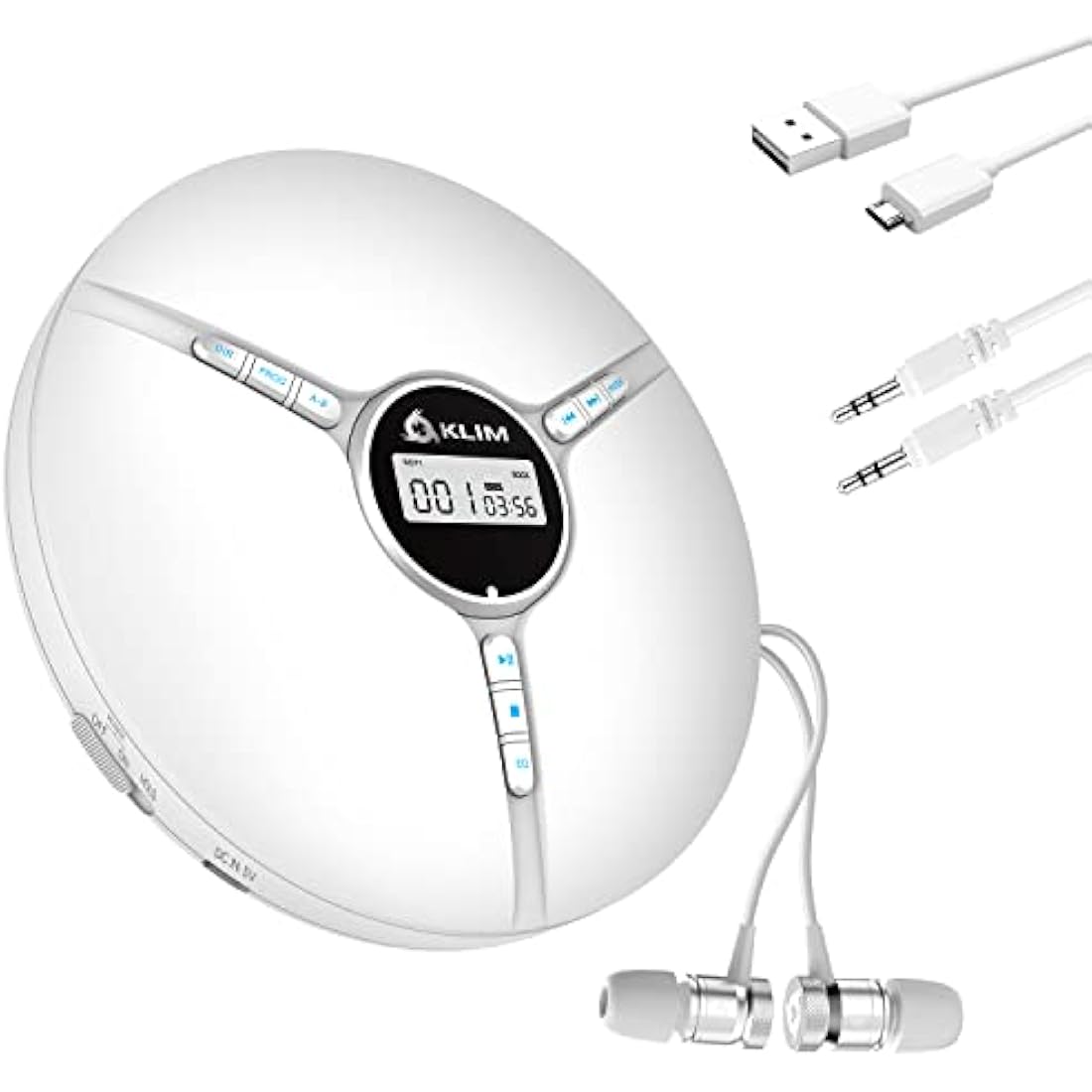 KLIM Discman Portable CD Player with Headphones, Built-in Battery - New - CD Players for Home, Car - Compatible w/SD Card, CD, CD-R, CD-RW, MP3, WMA - 5 EQ Effects - Walkman CD Player - White