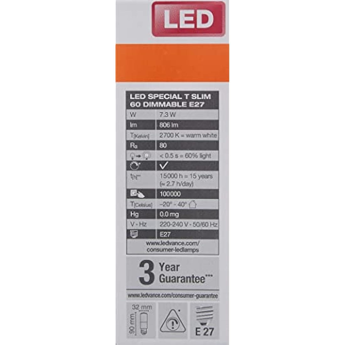 OSRAM LED Superstar Special T SLIM, Dimmable slim LED special lamp, E27 base, Warm white (2700K), replacement for conventional 60W lamp, 6-pack