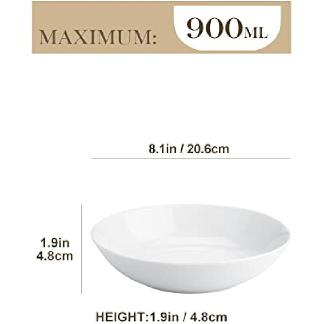 MALACASA, Series Regular, 8'' Pasta Bowl, Porcelain Salad Pasta Bowl, Large Ceramic White Soup Bowl Set, Serving Plates for Salad Pasta Soup Fruit, Microwave Dishwasher Safe, Set of 4