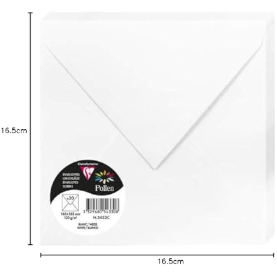 Clairefontaine - Ref 5433C - Pollen Envelopes (Pack of 20) - 165 x 165mm Sized, 120gsm Paper, Gummed Seal, Inkjet & Laser Printer Compatible, Acid Free - White