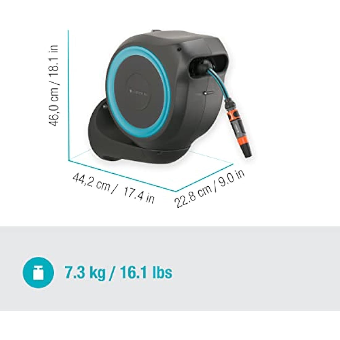 Gardena Wall-Mounted Hose Box RollUp S (turquoise): Versatile watering system for small gardens, swivel hose reel, with wall bracket, system parts and nozzle including 15 m Gardena hose (18600-20)