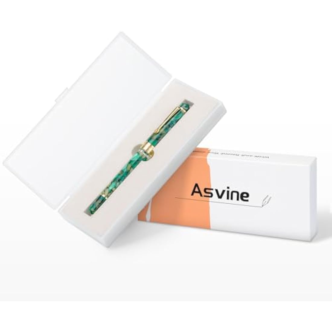 Asvine P20 Piston Fountain Pen Green Marble Acrylic, Medium Nib Gold Trim Smooth Writer Collection with Case Set