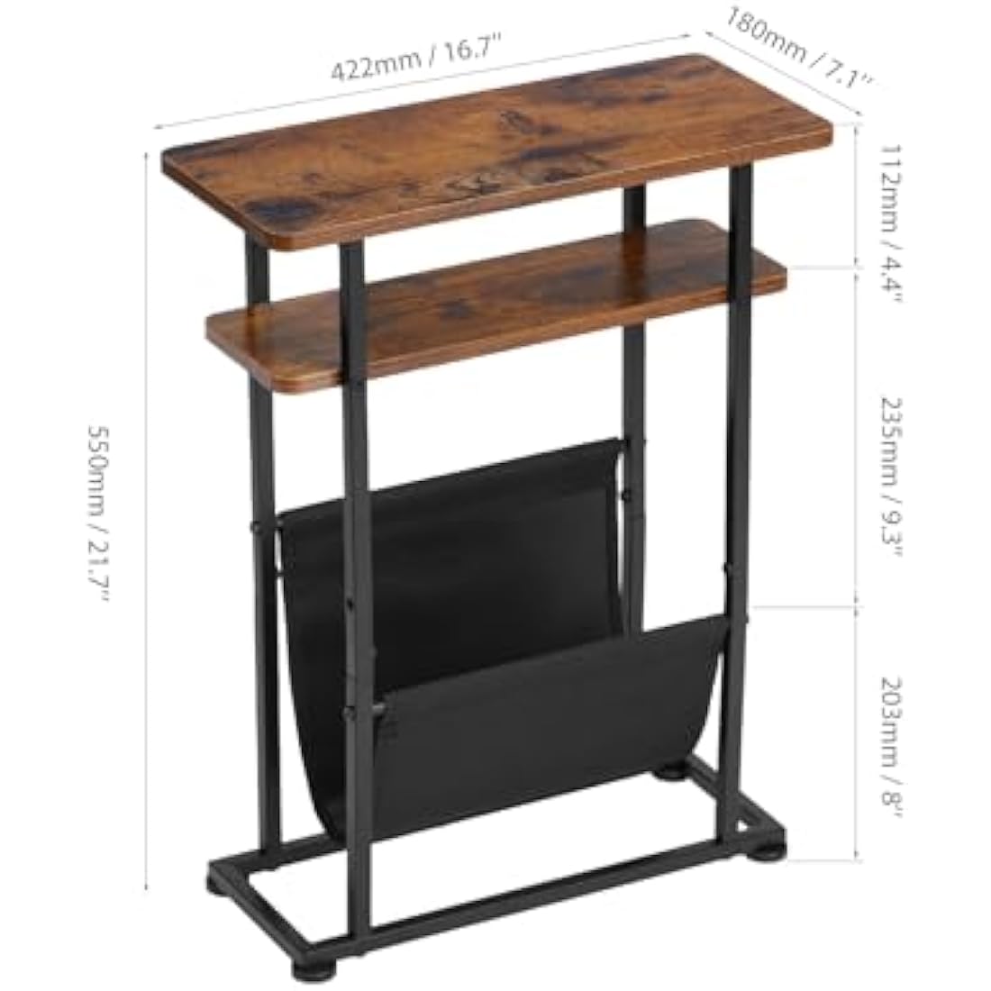 ZEXVIDA Slim Side Table for Small Spaces - 2 in 1 End Table with Magazine Holder - Rustic Brown