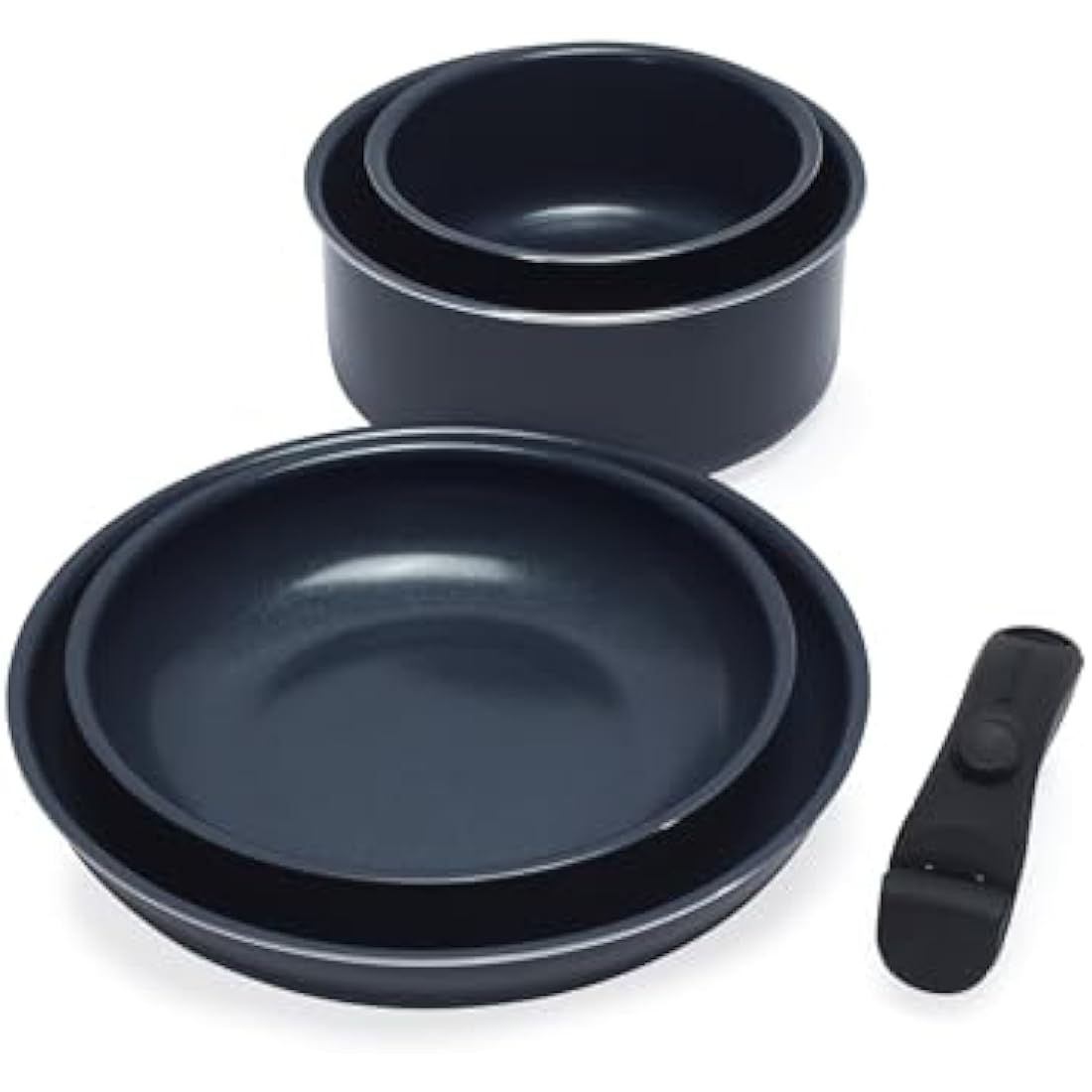 Russell Hobbs RH03319EU7 Smart Clip Pot and Pan Set – 5 Piece Ceramic Non-Stick Frying Pans & Saucepans with Detachable Handle, Stackable Design, PFAS-Free, Induction Oven Safe, Marine, Navy Blue