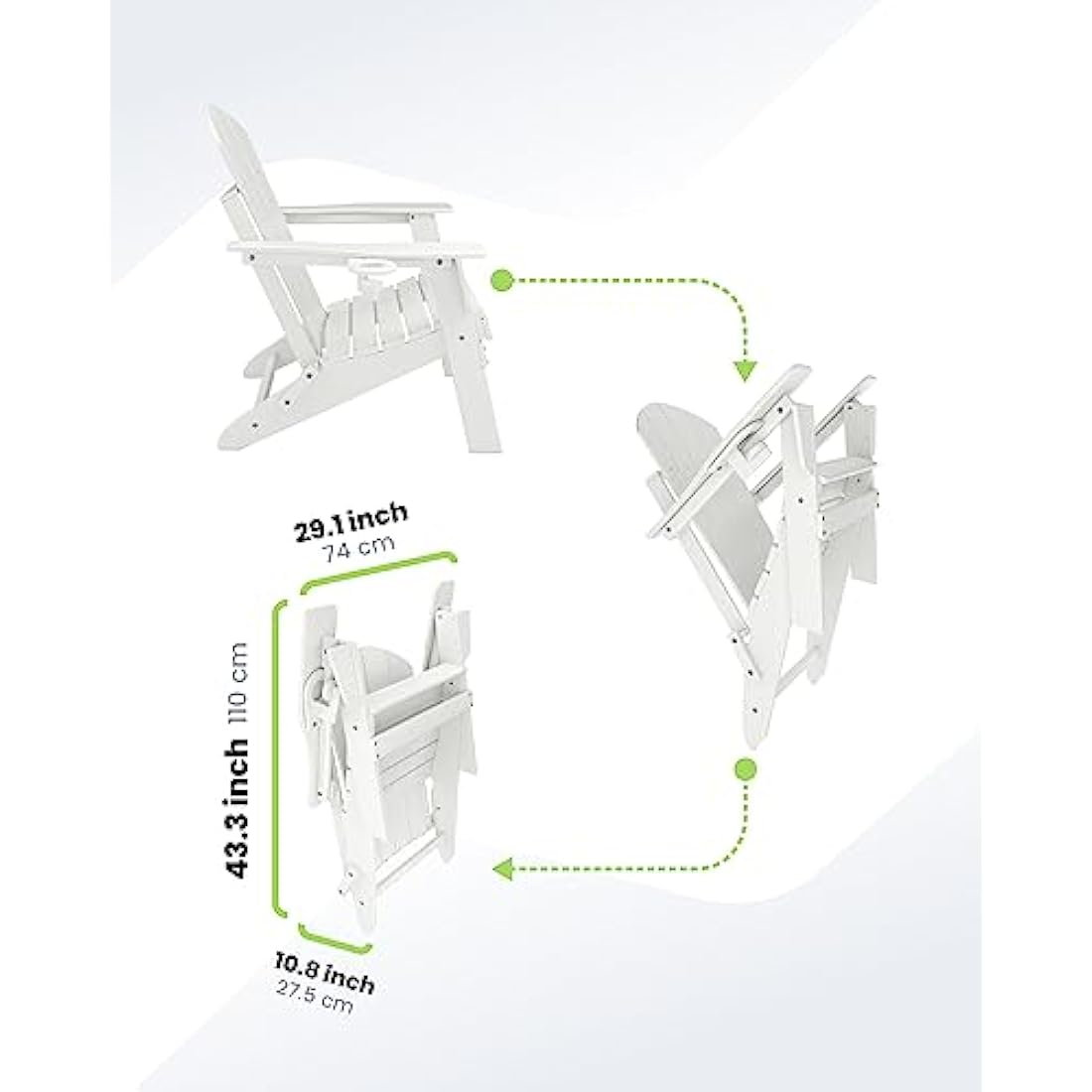 Sleek Space Adirondack Folding Chair for Garden, Patio or Deck - Arm Rests and Cup Holder - Lightweight, Weatherproof - Stylish, Durable Outdoor Furniture for Fire Pit, Beach, Poolside, Porch (White)