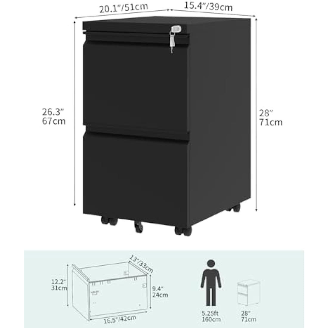 YITAHOME Mobile Filing Cabinet with 2 Lockable Drawers, Anti-tipping Rolling Filing Cabinet with Wheel for Home Office, Under Desk File Storage Cabinets for Letter/Legal/A4 Size, Black, 51 x 39 x 71cm
