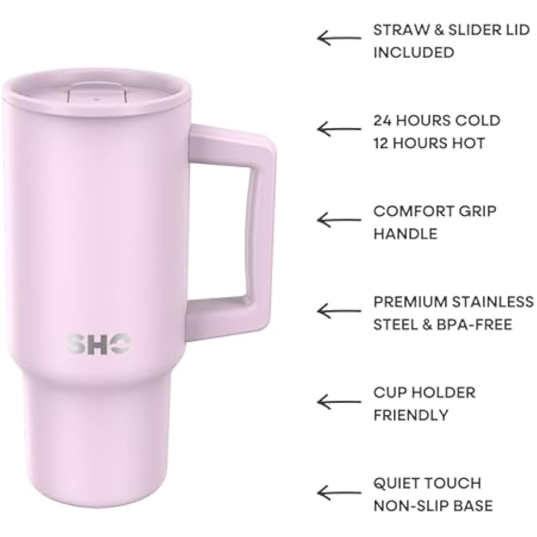 SHO XL Tumbler - Insulated Stainless Steel Reusable Water Bottle Iced Coffee Travel Mug with Handle, Straw Lid & Slider Lid - 900ml / 30 oz - Cold 24 Hours - Hot 12 Hours (Pale Lavender, 900ml)
