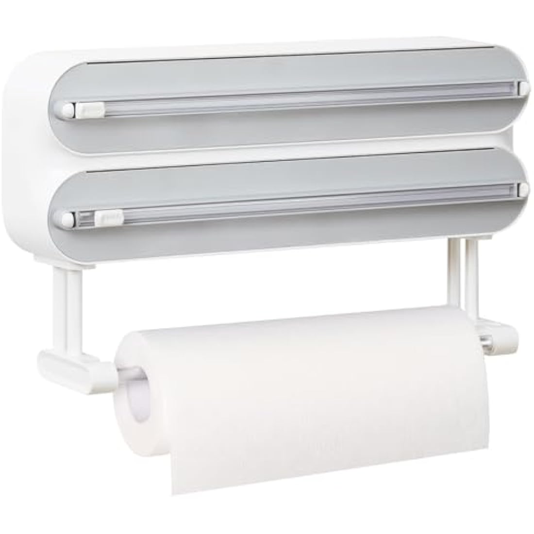 Magnetic Cling Film Dispenser and Cutter - Advanced 3-in-1 Wall-Mounted Kitchen Roll Holder, Quasziwa Refillable Cling Wrap & Aluminium Foil Dispenser with Paper Towel Holder - Fits 12" Roll, White