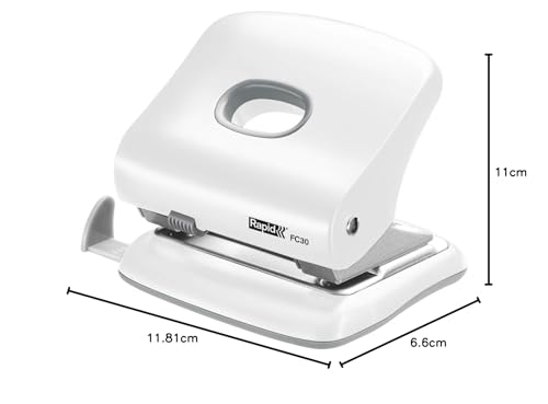 Rapid Fashion FC30 Strong 2 Hole Punch, Punches up to 30 Sheets, Adjustable Guide Bar, Ergonomic Design, White, 5000363