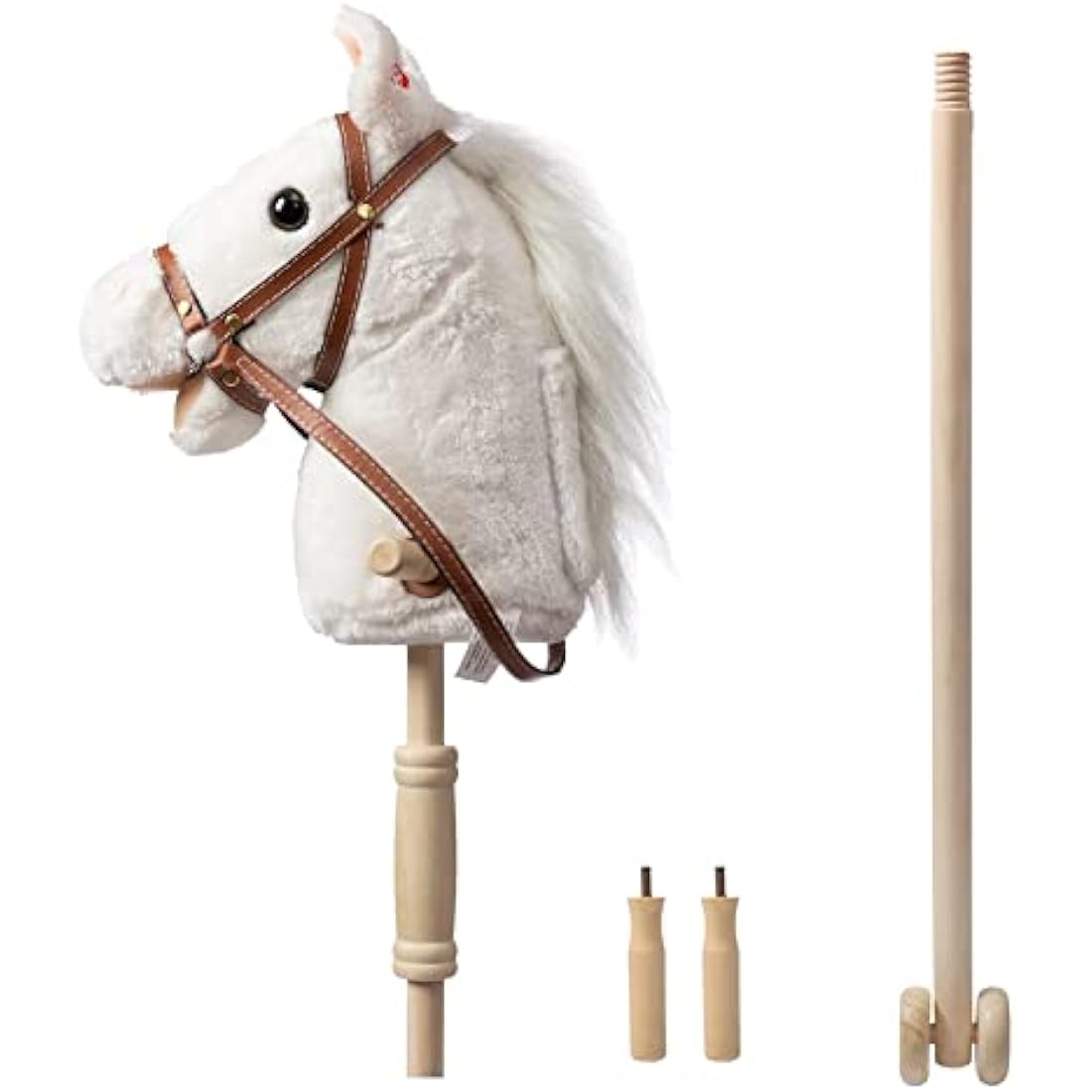 BEJOY Stick Horse with Wood Wheels, Hobby Horse Toy, Real Pony Neighing and Galloping Sounds Plush Toy White 36 Inches(AA Batteries Required)