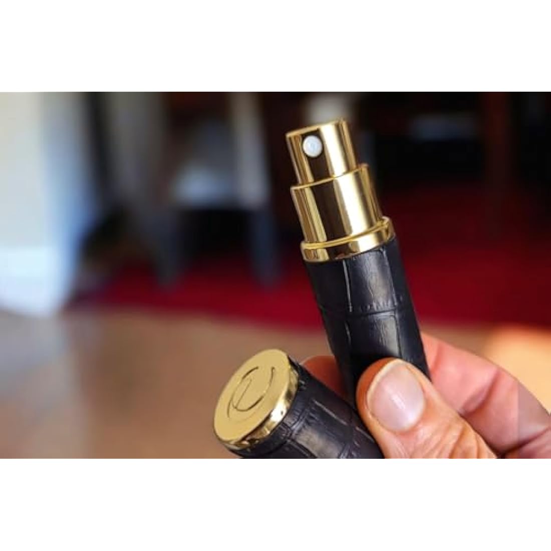 The Essential Atomizer Co Faux Croc Refillable Perfume Fragrance Travel Atomiser inc funnel & box (Black w Gold Metal)