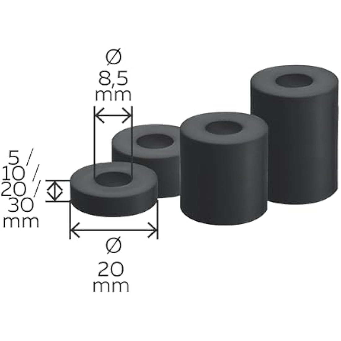 Gah-Alberts 338725 Spacer 5-8 mm Plastic Pack of 5 External ø 20 mm Height 5/10 / 20/30 mm Black