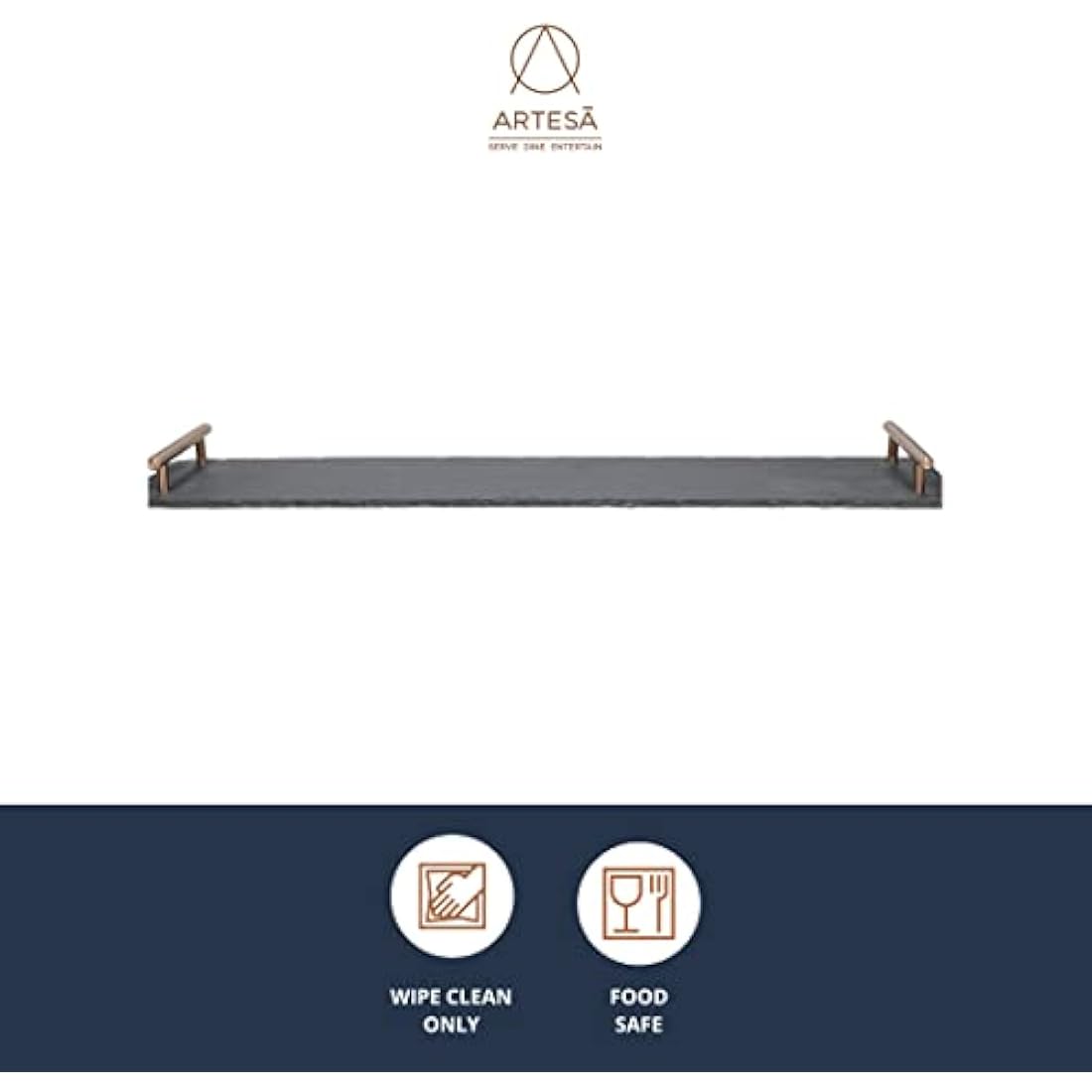 Artesà Slate Serving Platter Tray with Copper Finish Handles, perfect for Grazing and Buffets, 60 x 15 cm, Black