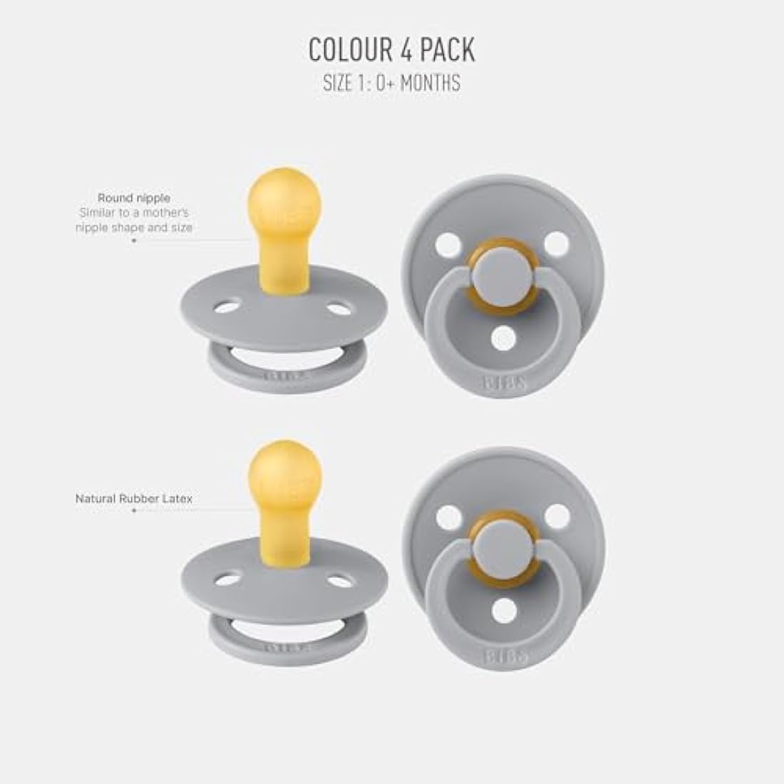 BIBS Dummies Colour 4-Pack, BPA Free Dummy Pacifier, Round Nipple Soothers, Natural Rubber Latex, Made in Denmark, Size 1 (0-6 Months), Cloud