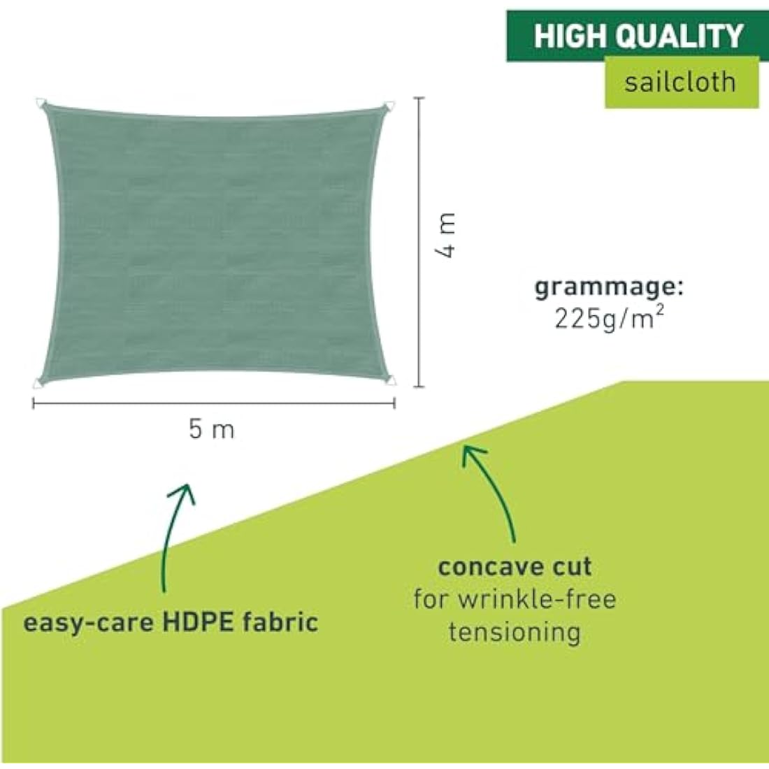 Windhager Capri Rectangular Sun Sail 4 x 5 m, Sun Protection for Garden and Patio, UV and Weather Resistant, Olive