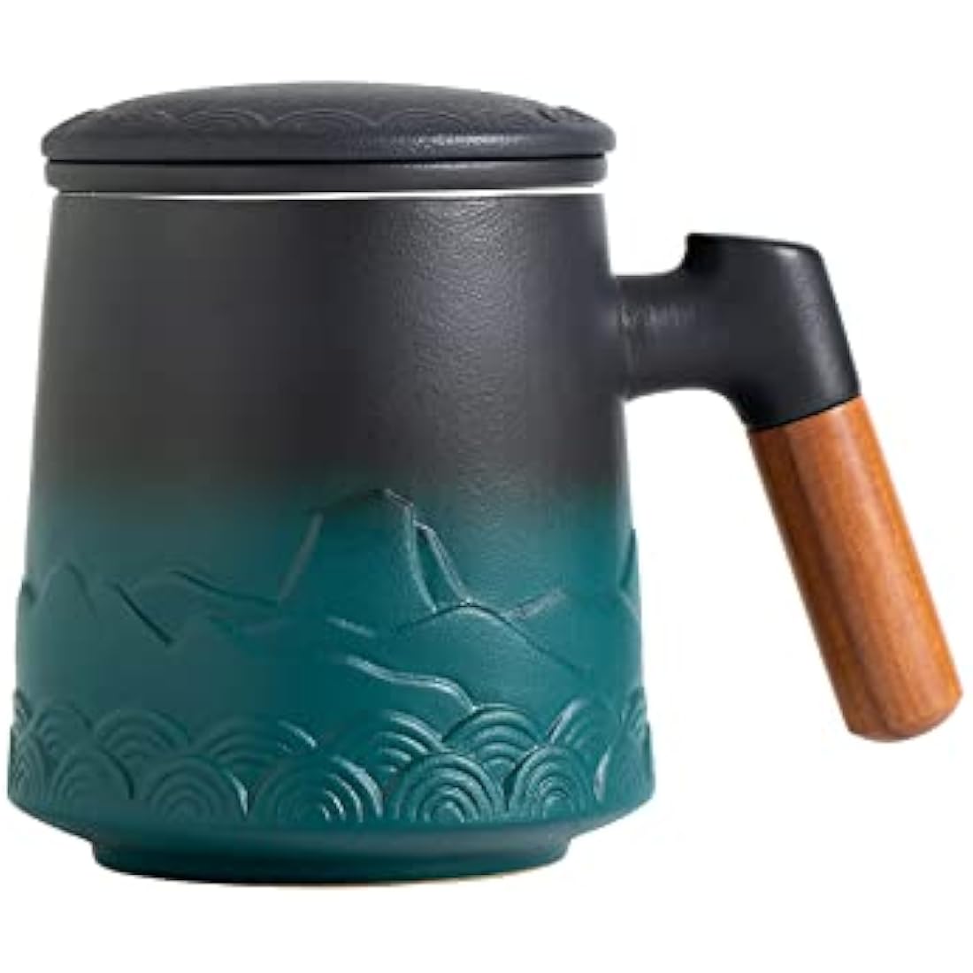 ZENS Tea Infuser Mug With Lid, 500ml Gradient Embossed Loose Leaf Ceramic Steeping Cup, Rosewood Handle, for Gifts - Black & Green