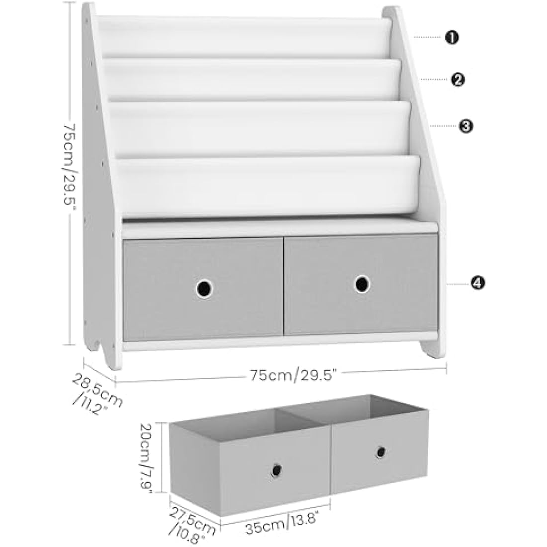 CHOEZON Kids Bookshelf, 4 Tier Children's Bookcase, Large Capacity Kids Book Rack and Toy Storage, for Kids Room, Nursery, Playroom, White and Gray DMCW06WT