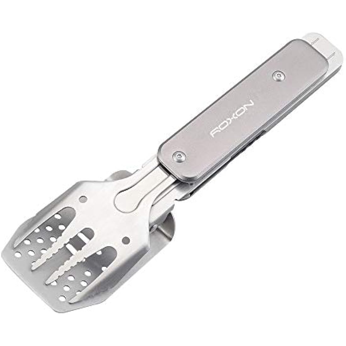 ROXON 4 in 1 Compact Mini BBQ Barbecue Combo Tool Set with Spatula, Fork, Tongs and Bottle Opener for Hiking Camping (Grey)