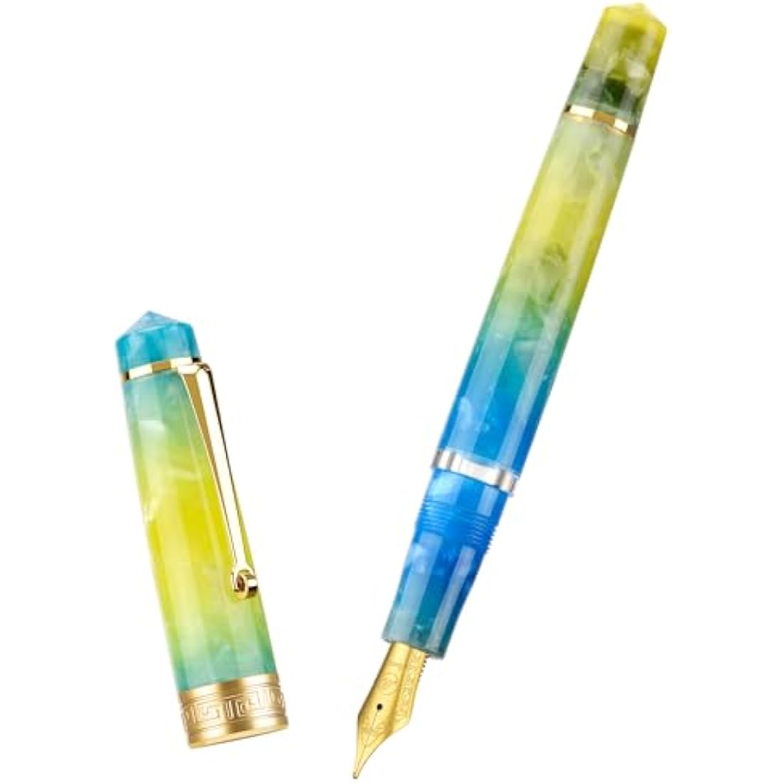Asvine P20 Gradual Yellow Piston Fountain Pen, Iridium Fine Nib Gold Trim Smooth Writer Collection Resin Pen with Case Set