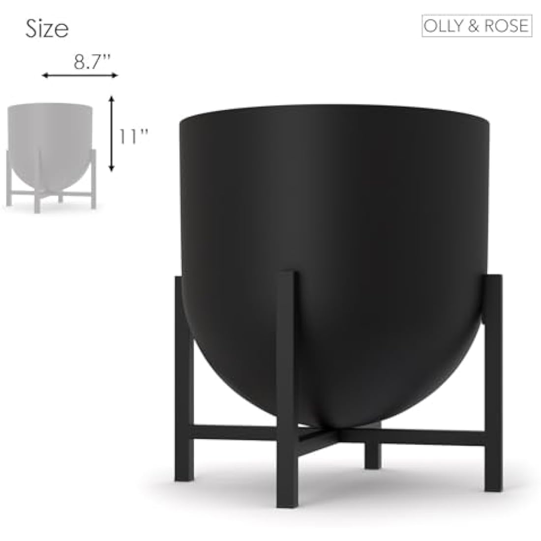 Olly & Rose Plant Pot with Plant Stand - Metal Plant Pots Indoor Planter Large Flower Pot (Black, 22cm)