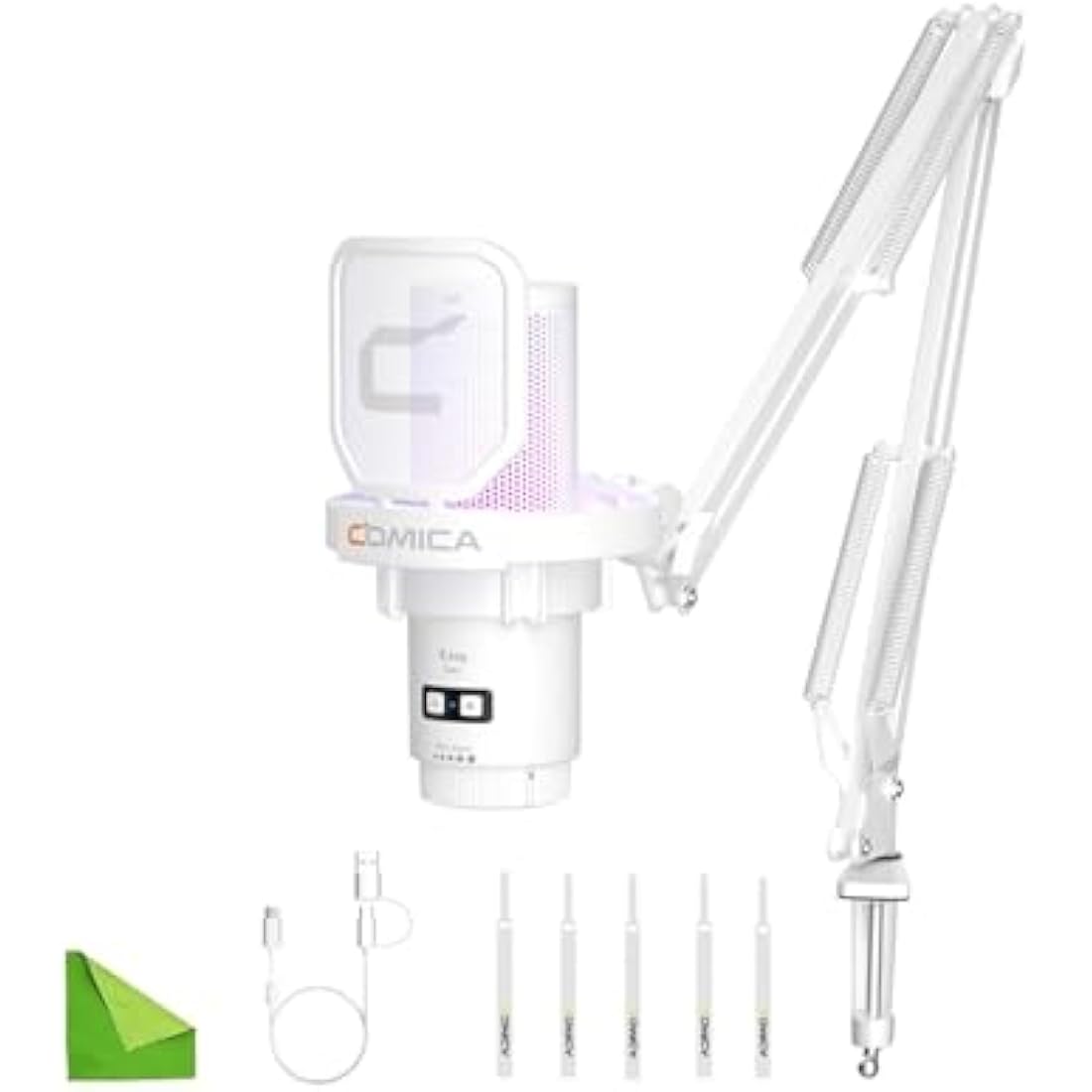 comica EJoy Uni A USB Microphone for Computer and Smartphone,RGB Cardioid Condenser Gaming Mic for Podcasting,Streaming,Recording,Music Creation,with Boom Arm Stand-White