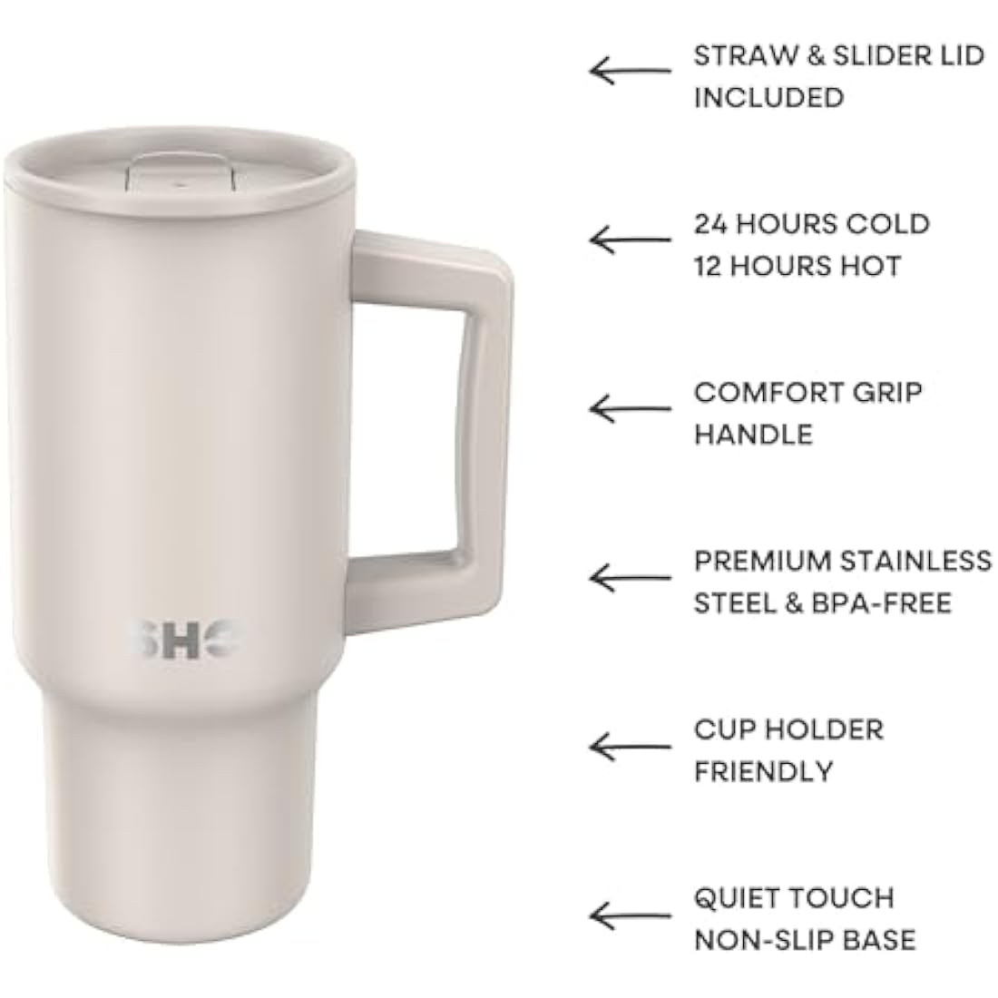 SHO XL Tumbler - Insulated Stainless Steel Reusable Water Bottle Iced Coffee Travel Mug with Handle, Straw Lid & Slider Lid - 900ml / 30 oz - Cold 24 Hours - Hot 12 Hours (Soft Taupe, 900ml)