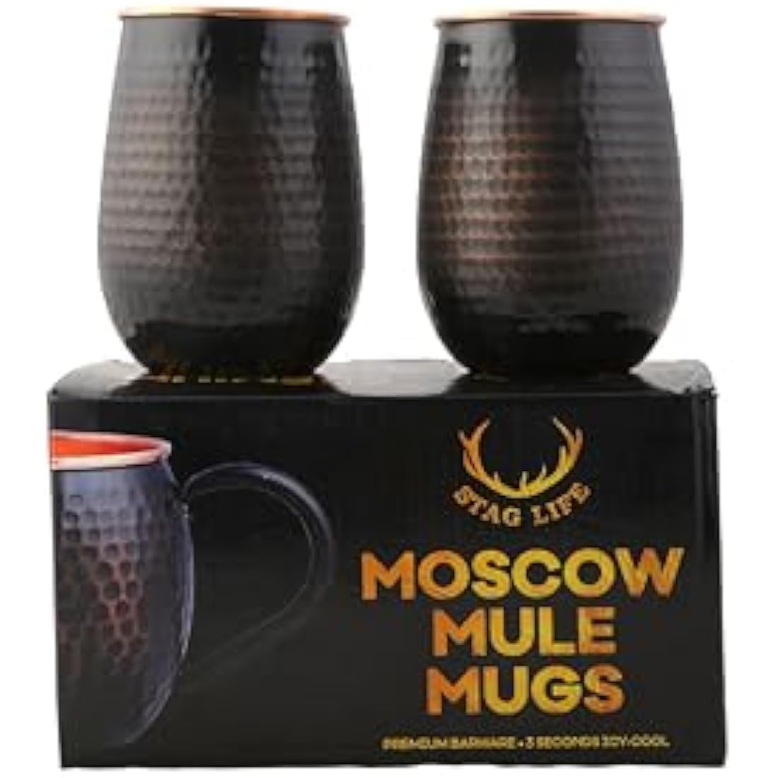 STAGLIFE 16 Oz Pure Copper Tumblers for Drinking Water Cups Mugs Glasses Set of 2, Solid Moscow Mule Hammered Tall Black Tumbler Cup Mug Glass with No Handle, Brushed/Large