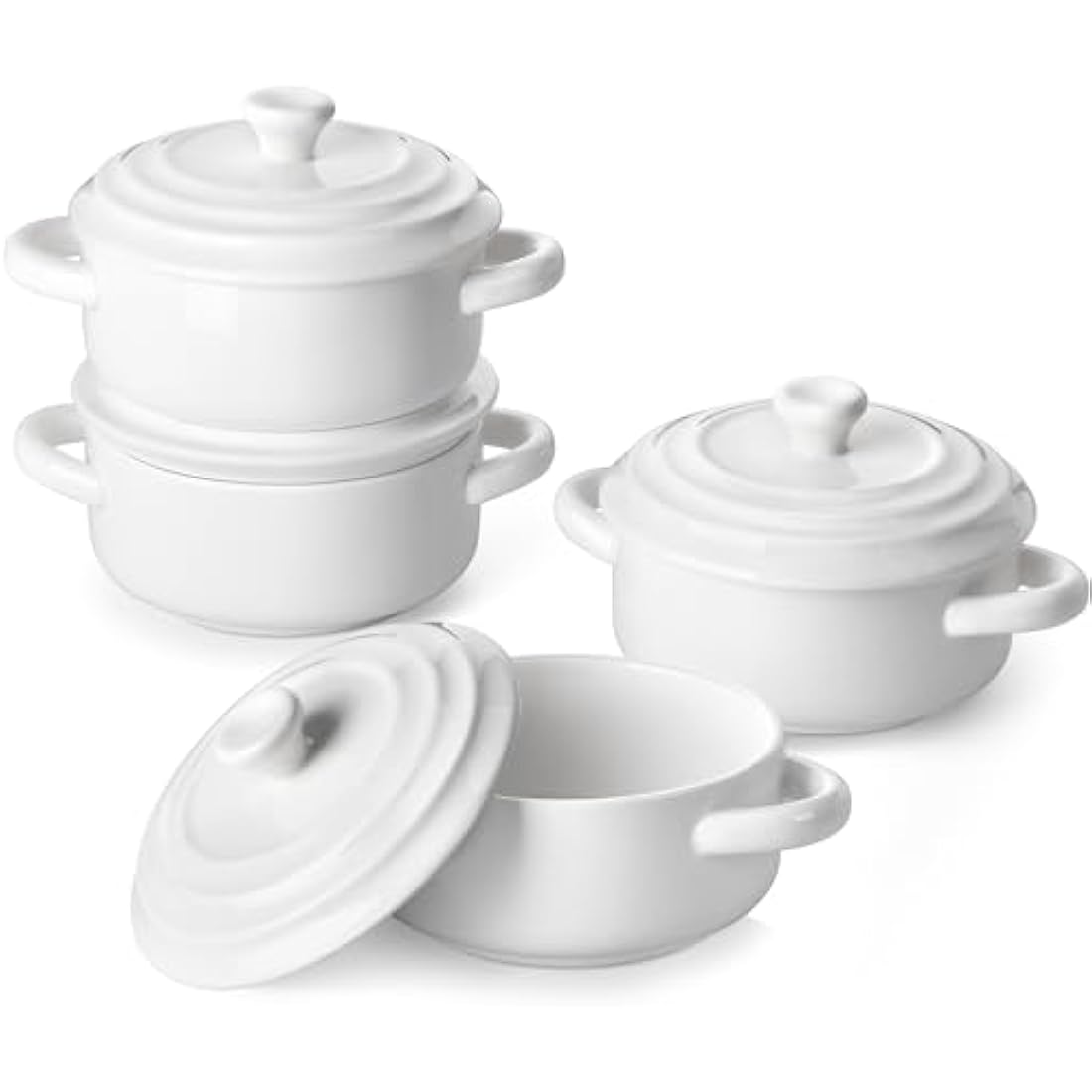 MALACASA Casserole Dishes for the Oven, 440ML 4.8" Small Porcelain Ramekins with Handle and Lid, White Mini Cocotte of 4, Ceramic Dutch Oven Set for Lasagna, Soufflé, Soup, Oven Proof Bakeware
