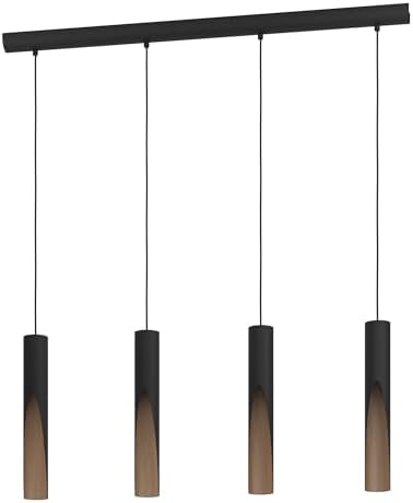 Eglo LED Pendant light Barbotto, 3 lamp ceiling light fitting with indirect lighting, hanging lamp for dining and living room, metal in black and wood effect, GU10 bulb, warm white