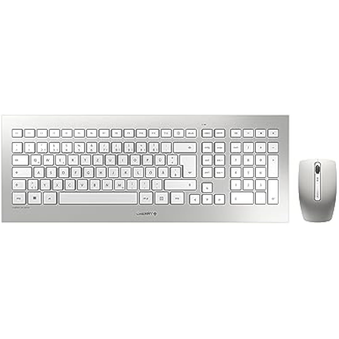 CHERRY DW 8000, Wireless Desktop Set, German Layout (QWERTZ), Battery-Operated, Ultra-Flat Keyboard, 3 Key Mouse with Infra-Red Sensor, Silver/White