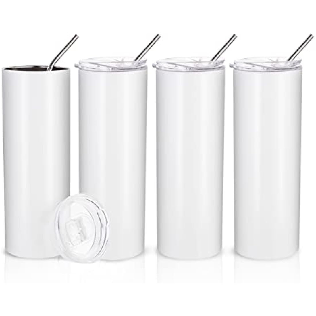 PYD Life Sublimation Blanks Skinny Tumbler White 20 OZ Straight Stainless Steel Tumbler with Metal Straw for Mug Tumbler Heat Press Machine Sublimation Printing 4 Pack