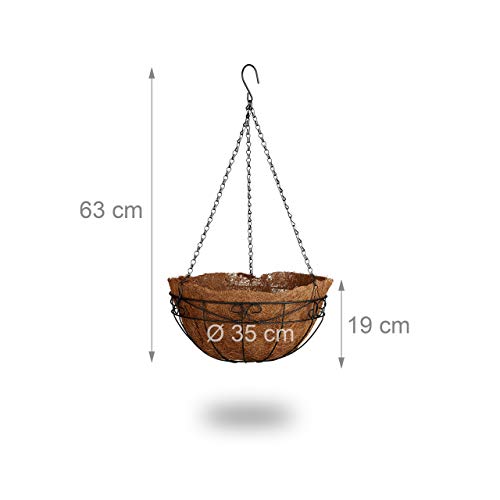 Relaxdays Set of 3 Flower Baskets, Coconut, 33 Litre Volume, with Chain, 35 cm Diameter, as Hanging Planters, Brown, Coco, 35x35x65 cm