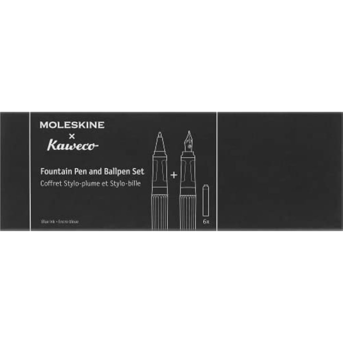 Moleskine x Kaweco Fountain Pen in ABS plastic with Gold-Plated Size M Nib and Refillable Ballpen for Writers, Note-Takers, Refill 1.0mm with Blue Ink and 6 Blue Ink Cartridges included, Color Black