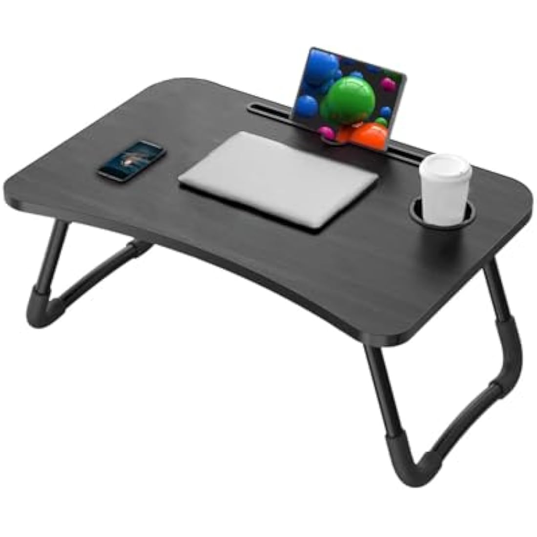 KKTECH Folding Laptop Bed Table Lap Standing Desk Sofa Breakfast Table Bed Tray Laptop Lap Desk with Cup Holder Notebook Stand Steel Legs 60x40x28cm (Black)