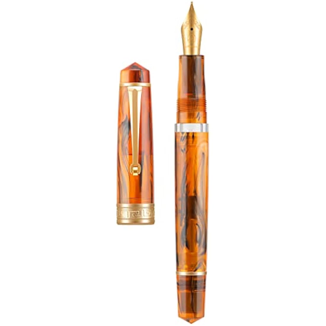 Asvine P20 Piston Fountain Pen Amber Resin, Iridium Medium Nib Gold Trim Smooth Writer Collection with Case Set
