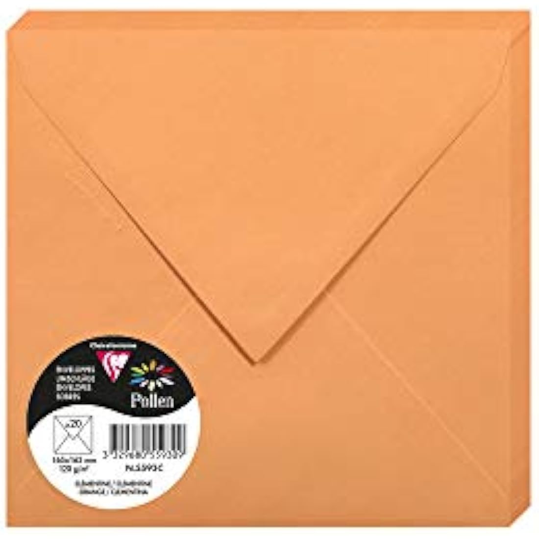Clairefontaine - Ref 5593C - Pollen Envelopes (Pack of 20) - 165 x 165mm Sized, 120gsm Paper, Gummed Seal, Inkjet & Laser Printer Compatible, Acid Free - Clementine Orange